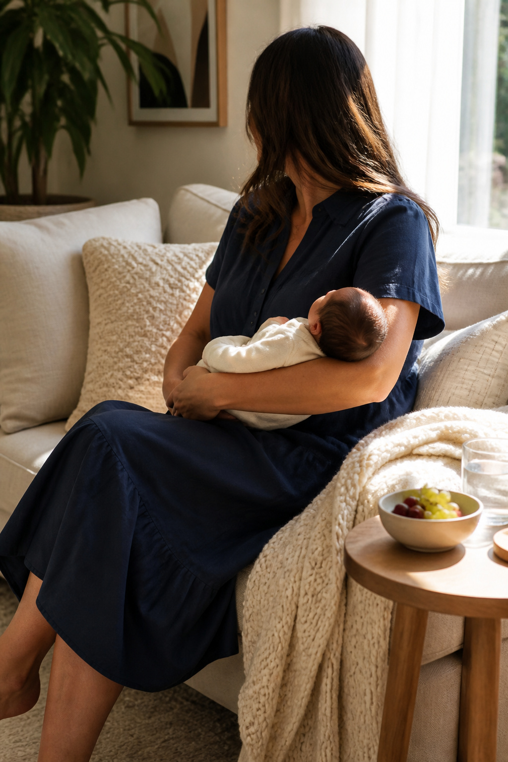 New mother wearing the M.M.LaFleur Addie Dress in a cozy home setting.
