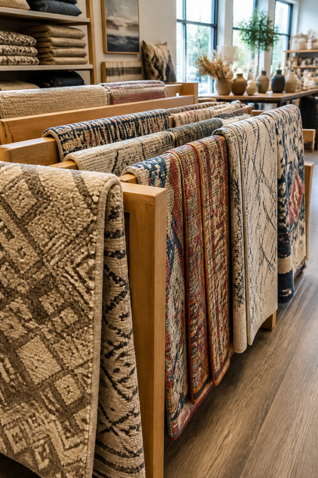 Clearance rugs with different designs and clearance tags on a wooden rack.