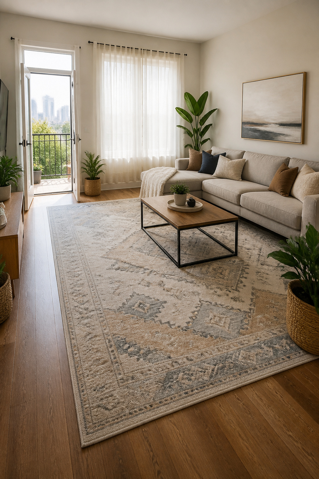 Various affordable area rugs displayed in a home goods setting.