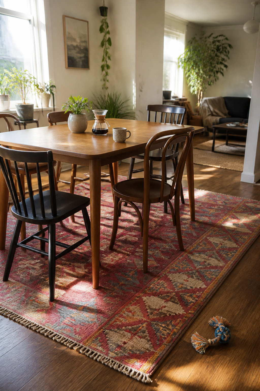 A budget-friendly rug under a dining table in a stylish setting.