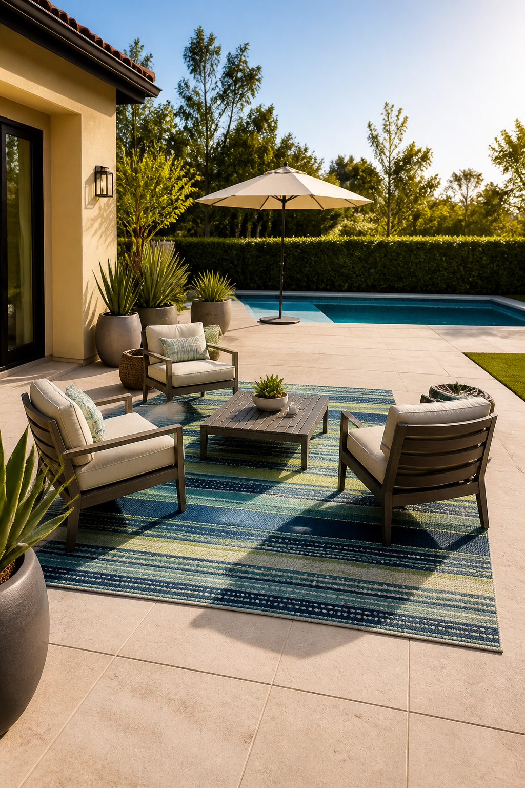 An outdoor rug made of synthetic fibers displayed on a patio.
