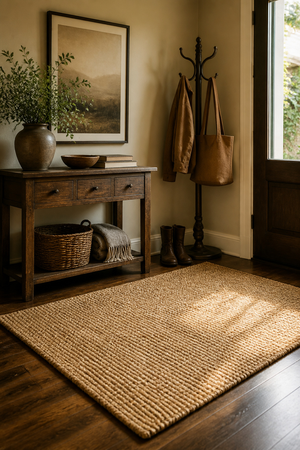 A jute rug placed in an elegantly styled entryway.