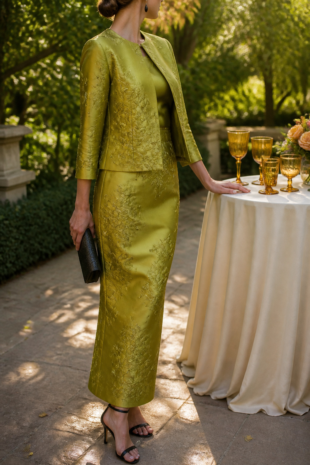 Fall Wedding Guest Dresses and Outfits 2 Two-piece set in chartreuse satin with a jacket and column skirt.