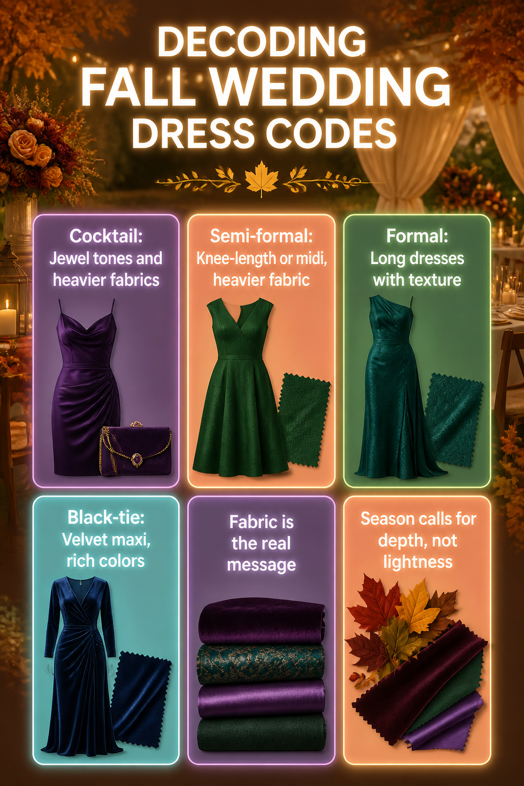 Fall Wedding Guest Dresses and Outfits 7 Graphic titled 'Decoding Fall Wedding Dress Codes.'