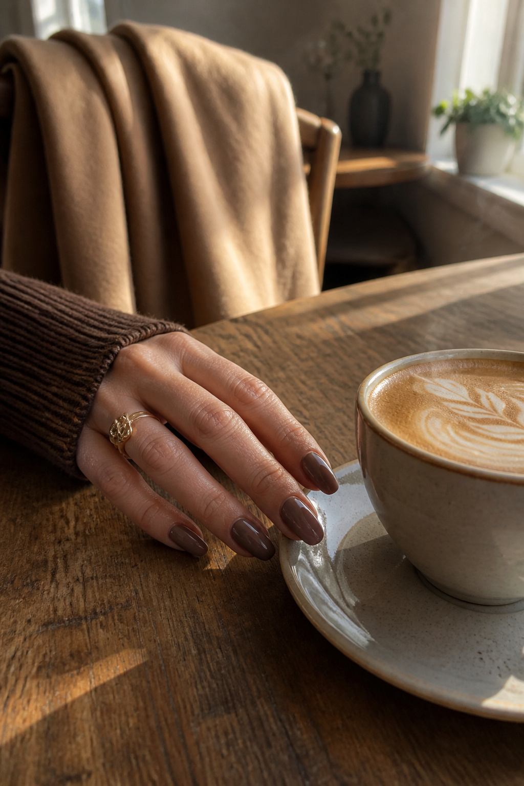 15 Fall Chrome Nail Ideas: Colors & Styles for 2026 1 Mocha brown chrome nails resting next to a latte on a wooden table.