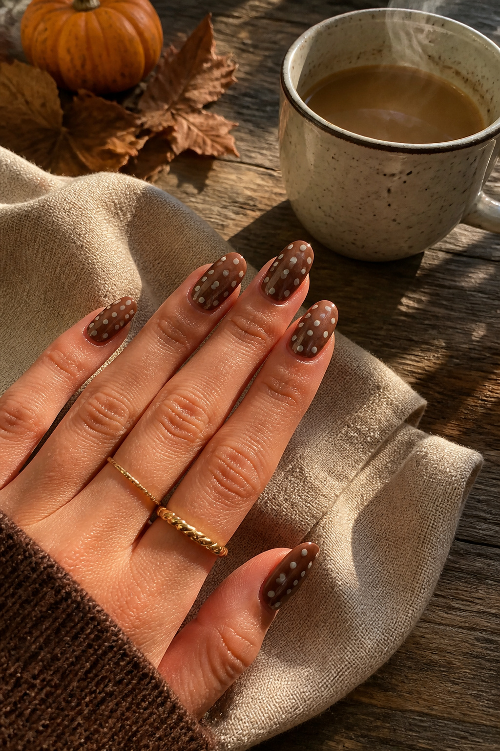 15 Fall Chrome Nail Ideas: Colors & Styles for 2026 10 Polka dot chrome nails on a linen napkin next to a cup of coffee.
