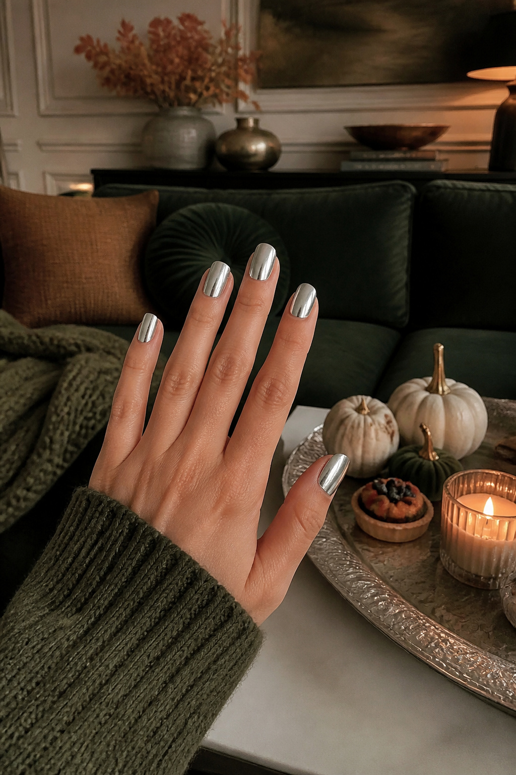 15 Fall Chrome Nail Ideas: Colors & Styles for 2026 12 Silver chrome nails on a table near a green couch and pastries.