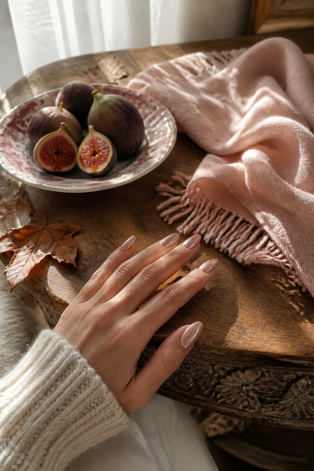 15 Fall Chrome Nail Ideas: Colors & Styles for 2026 13 Nude chrome nails on a vintage table with figs and sunlight.