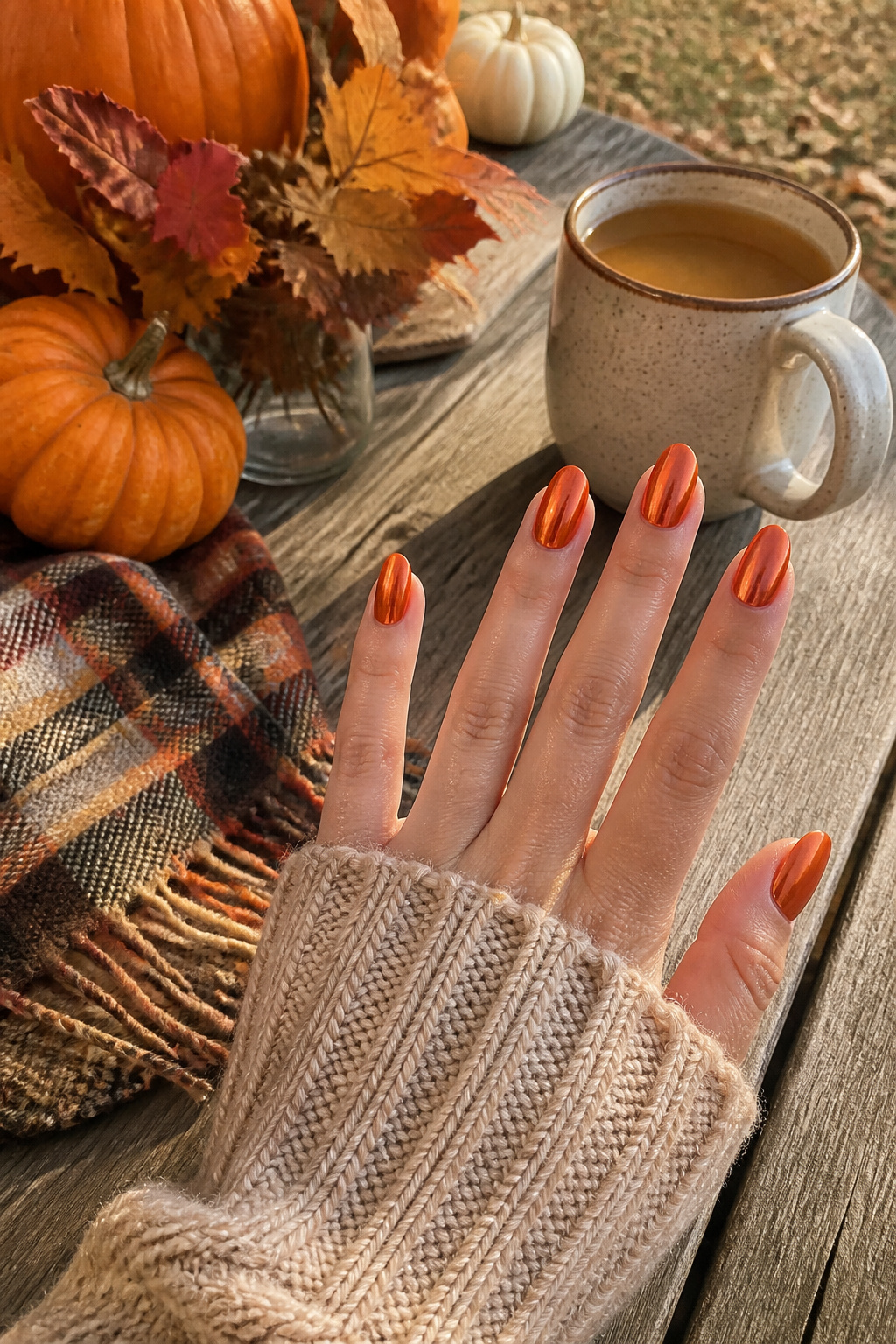 15 Fall Chrome Nail Ideas: Colors & Styles for 2026 14 Burnt orange chrome nails on a picnic table with autumn decorations.