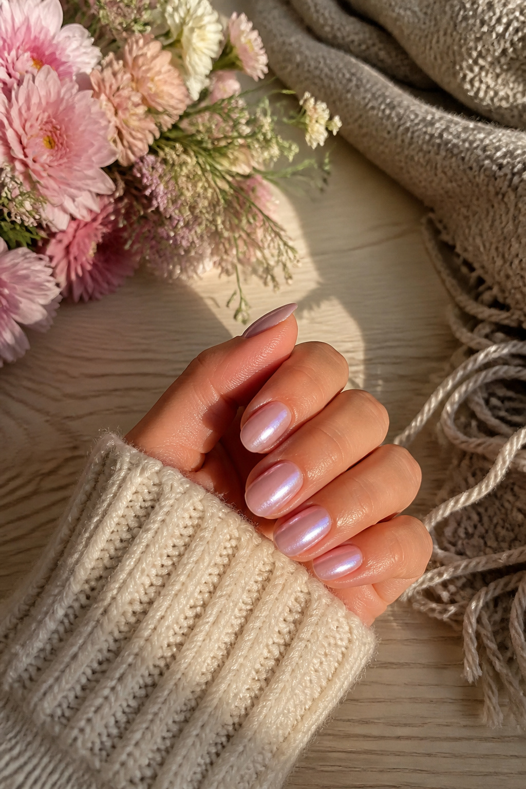 15 Fall Chrome Nail Ideas: Colors & Styles for 2026 15 Light pink chrome nails on a wooden table with a flower bouquet.