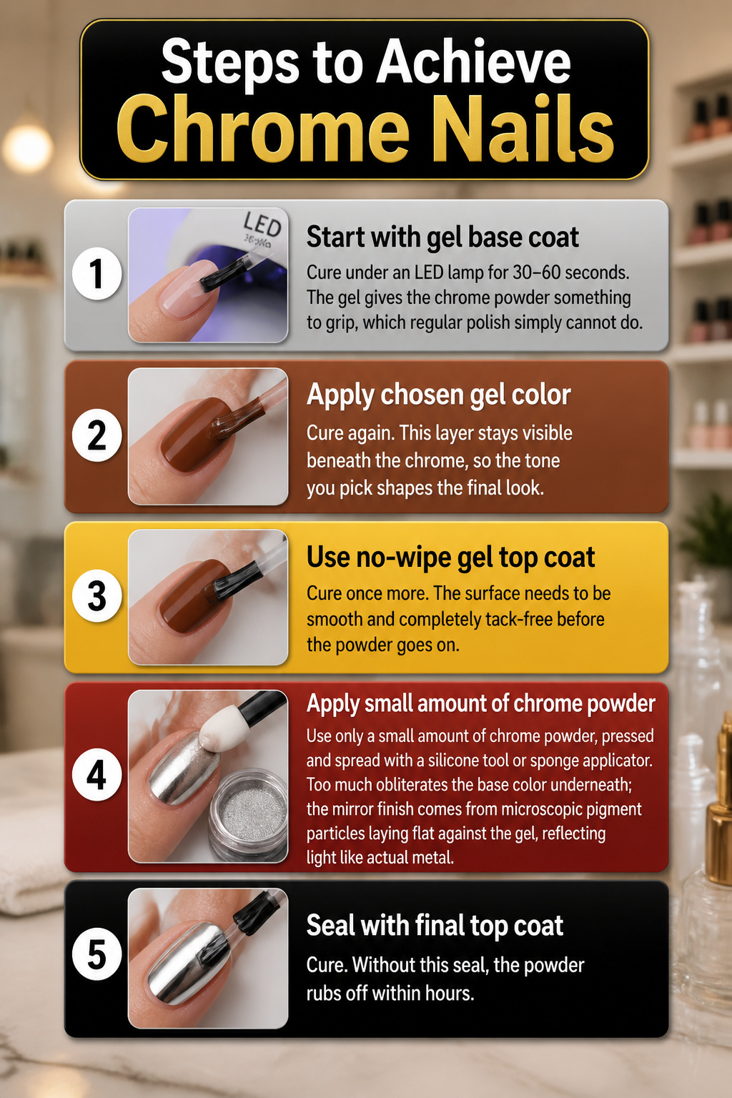 15 Fall Chrome Nail Ideas: Colors & Styles for 2026 16 Visual steps to create chrome nails, showing application process.