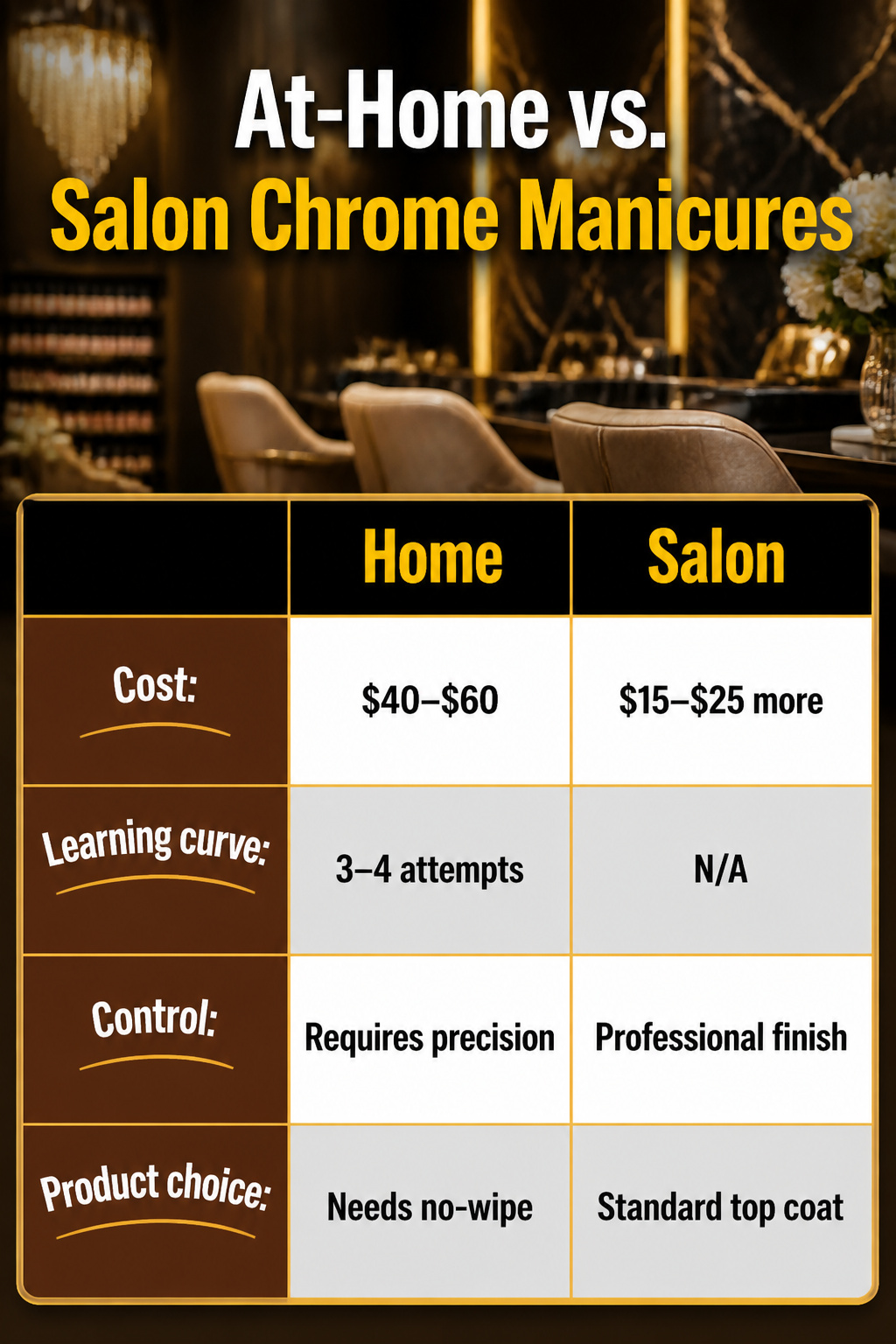 15 Fall Chrome Nail Ideas: Colors & Styles for 2026 19 Comparison of at-home and salon chrome manicure processes.