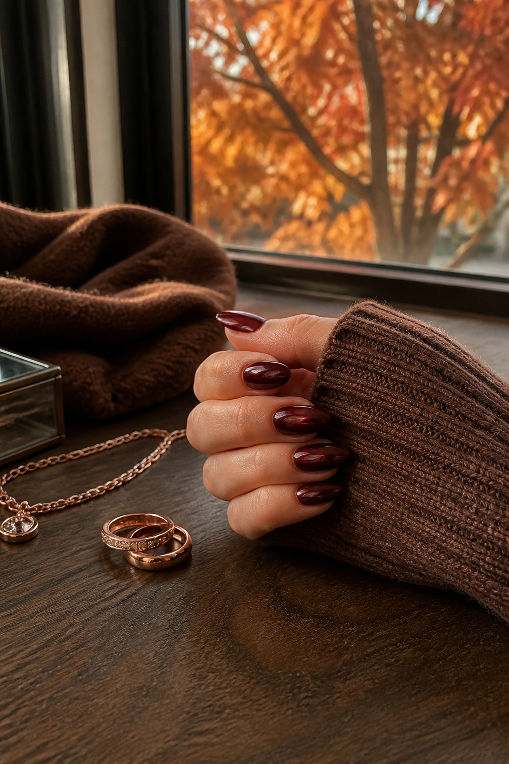 15 Fall Chrome Nail Ideas: Colors & Styles for 2026 2 Burgundy chrome nails displayed on a dark wooden table with a sweater.