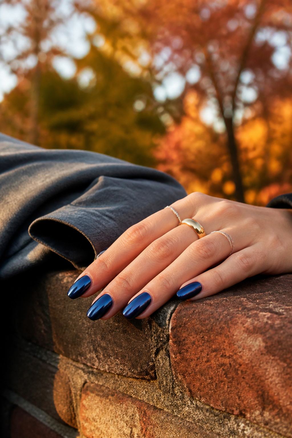 15 Fall Chrome Nail Ideas: Colors & Styles for 2026 3 Navy blue chrome nails placed on a rustic brick wall with a blazer.
