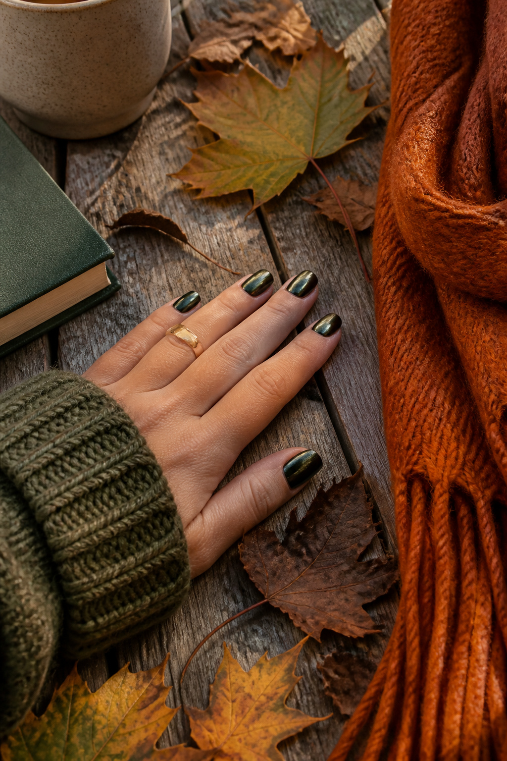 15 Fall Chrome Nail Ideas: Colors & Styles for 2026 4 Dark green chrome nails on a wooden table with autumn leaves.