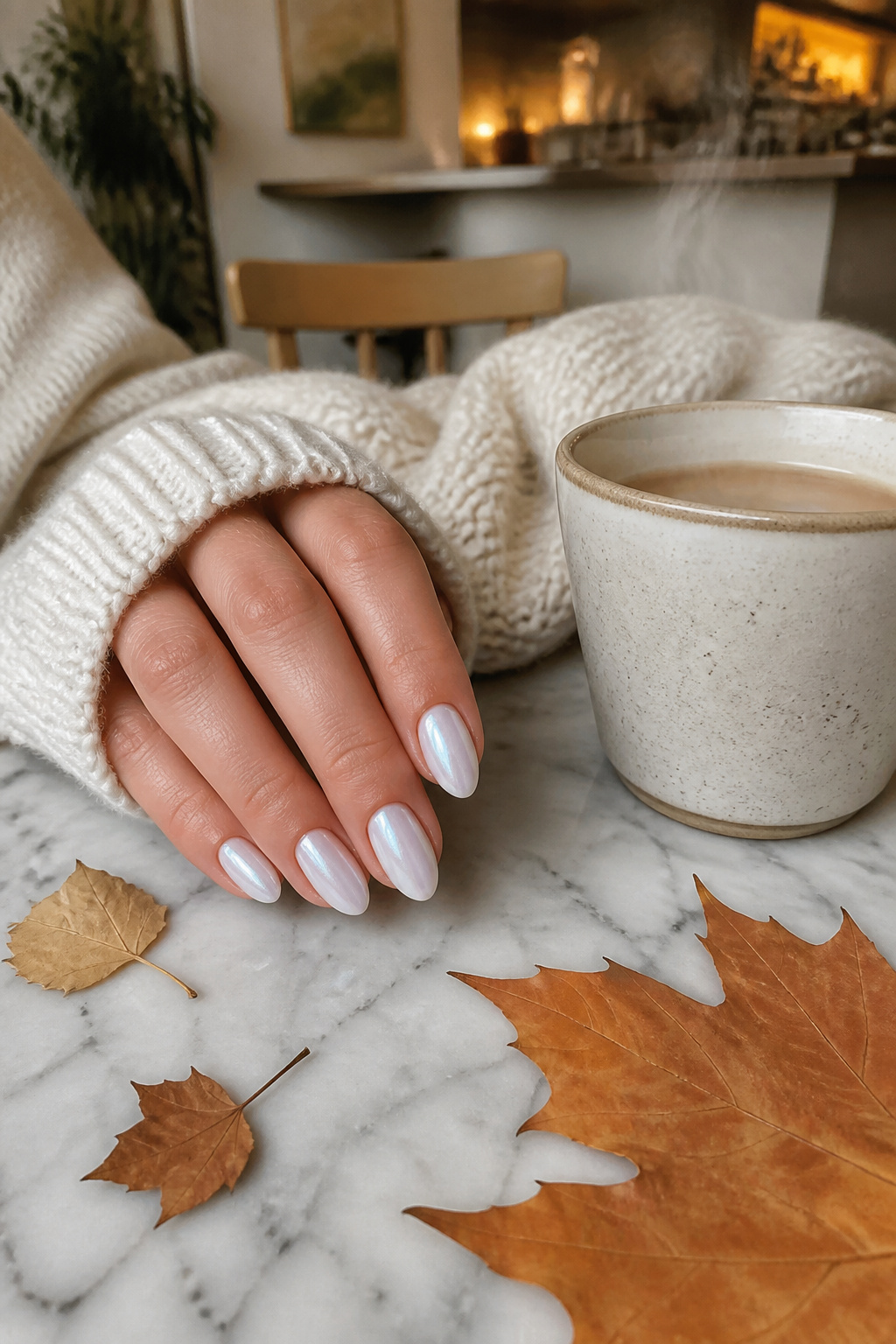 15 Fall Chrome Nail Ideas: Colors & Styles for 2026 6 Sheer white chrome nails on a gray marble table with chai tea.