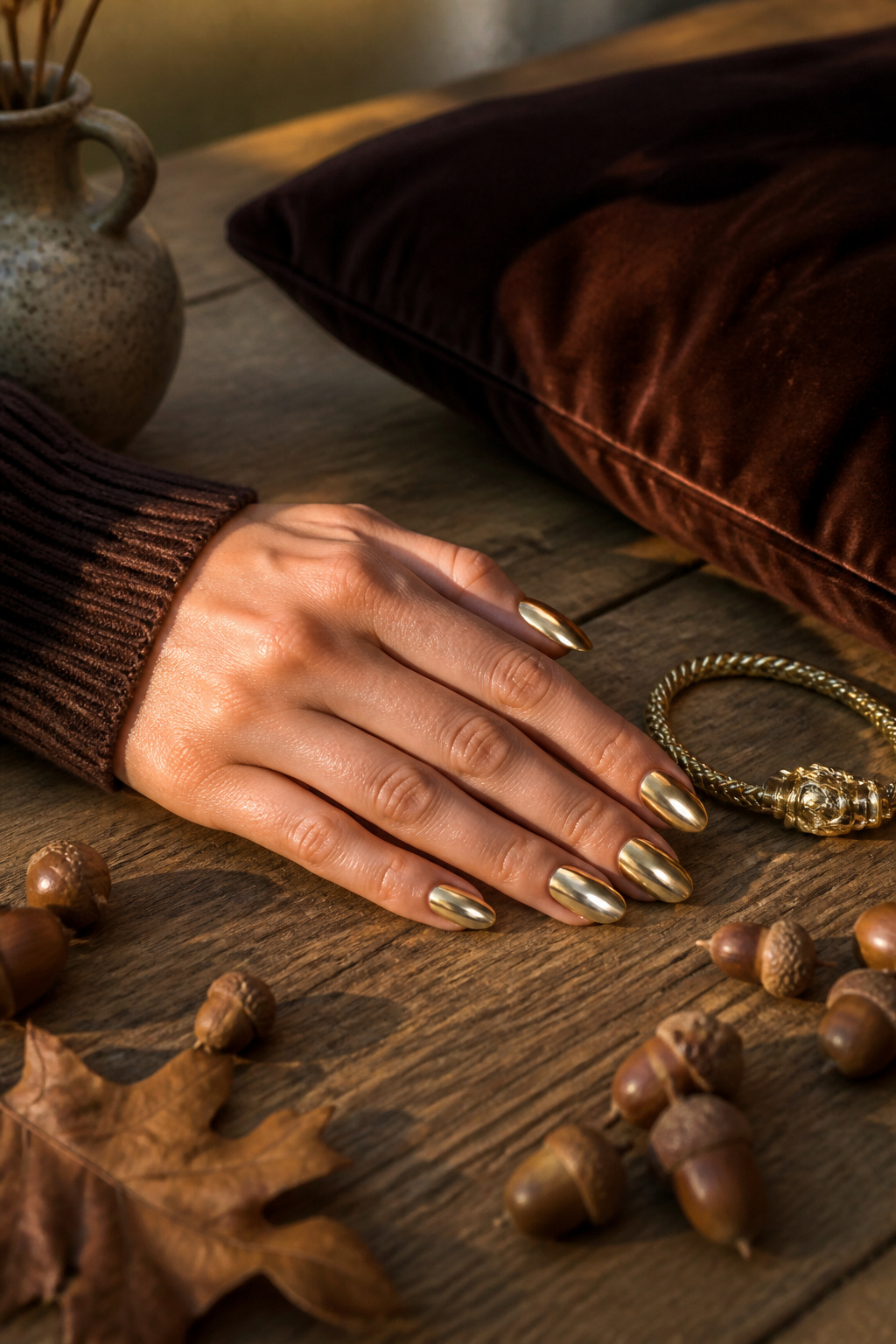 15 Fall Chrome Nail Ideas: Colors & Styles for 2026 7 Gold chrome nails on a rustic oak table with acorns.