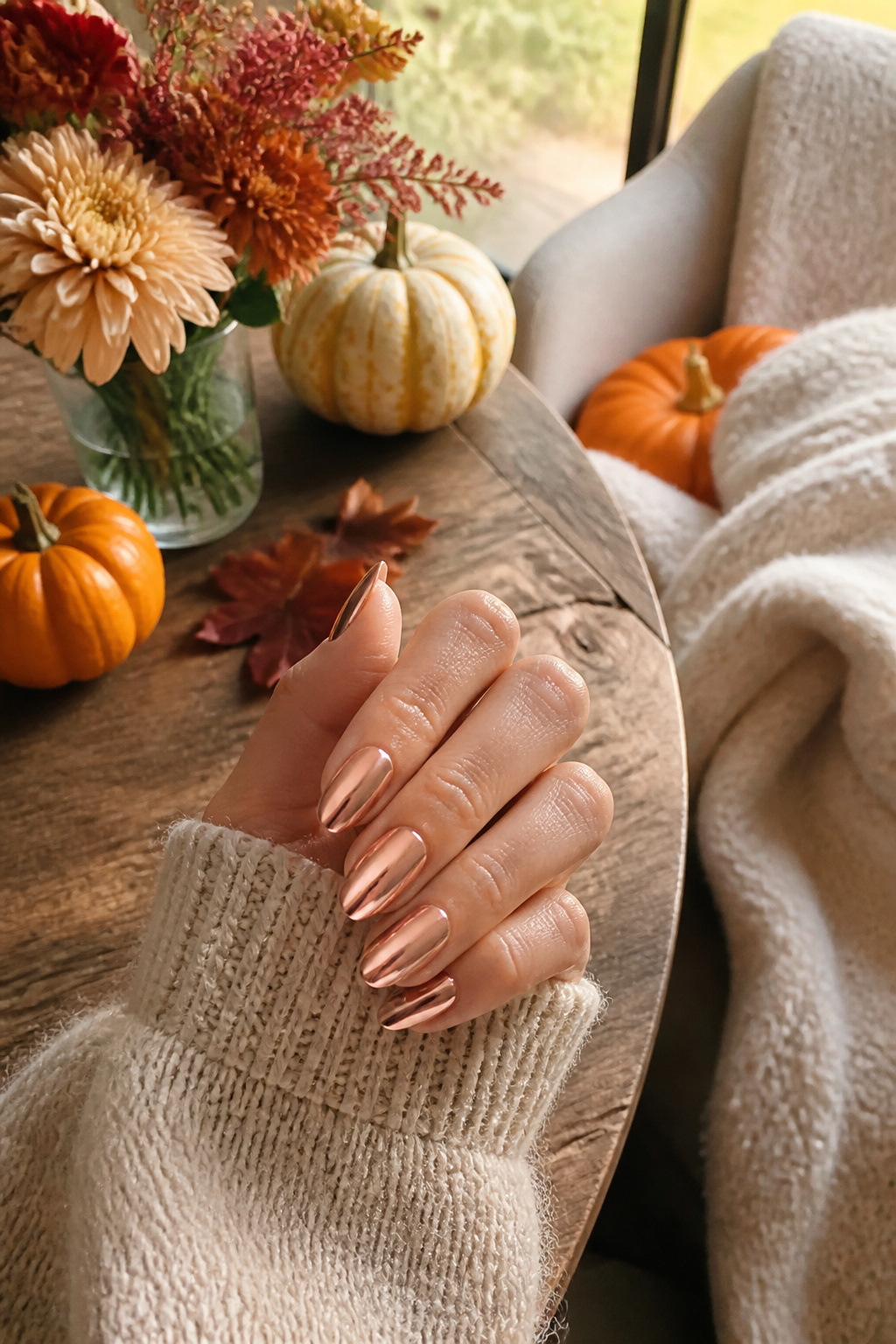 15 Fall Chrome Nail Ideas: Colors & Styles for 2026 8 Rose gold chrome nails on a wooden table with pumpkins and flowers.