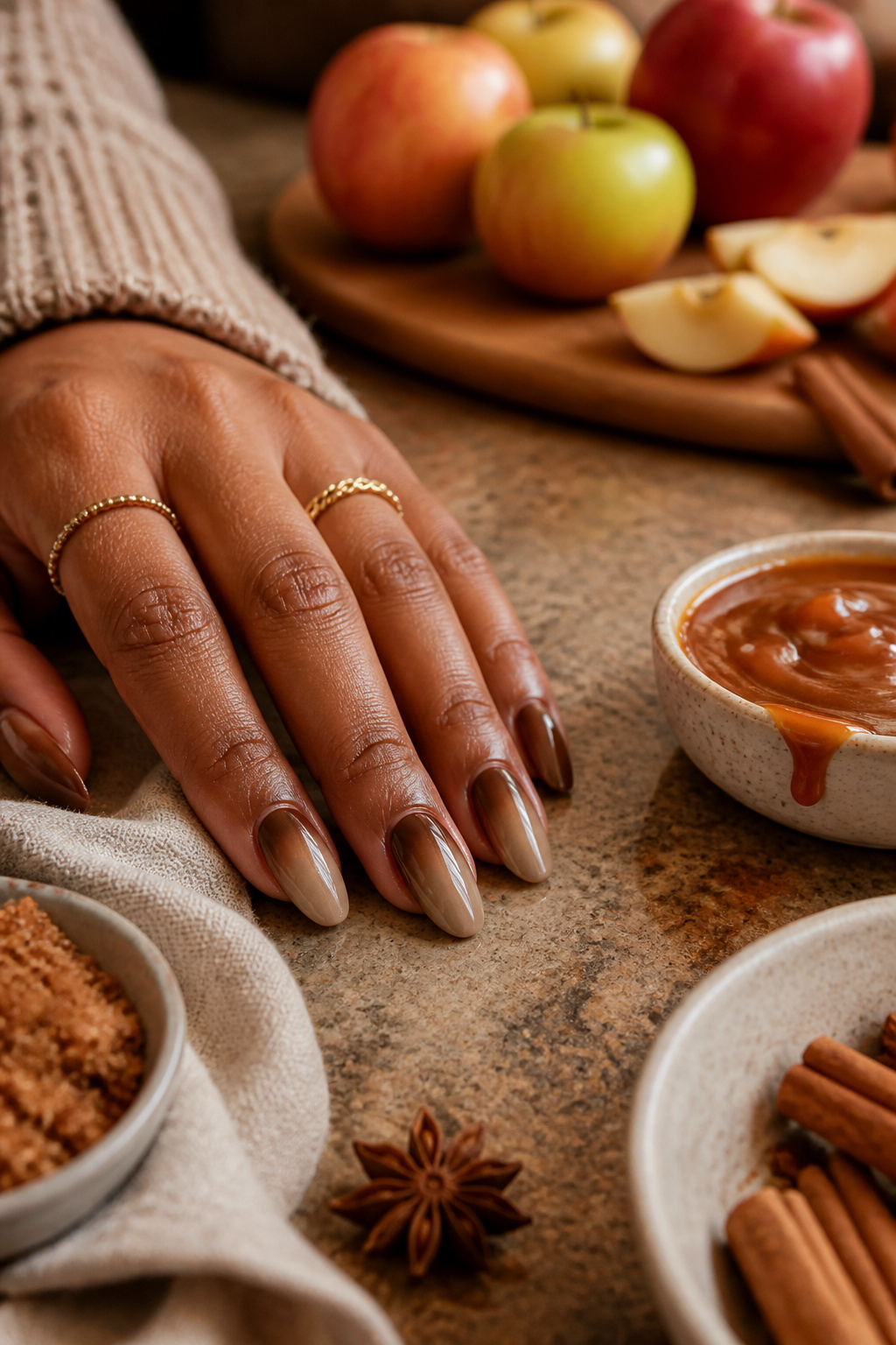 15 Fall Chrome Nail Ideas: Colors & Styles for 2026 9 Ombre chrome nails from espresso to nude on a rustic countertop.