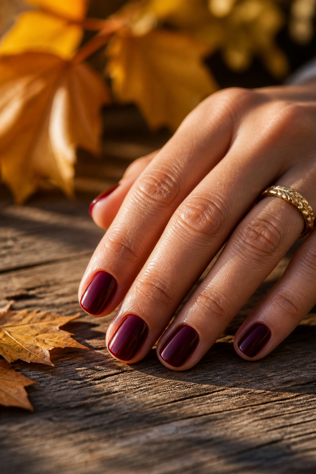 20 Fall Nail Ideas for 2026: Colors, Shapes & Textures 1 Glossy burgundy nails reflecting light with a rich color.
