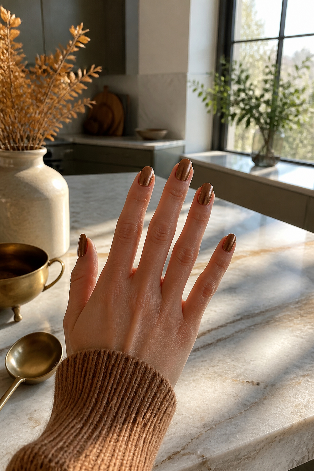 20 Fall Nail Ideas for 2026: Colors, Shapes & Textures 11 Bronze metallic nails on a stylish kitchen countertop.