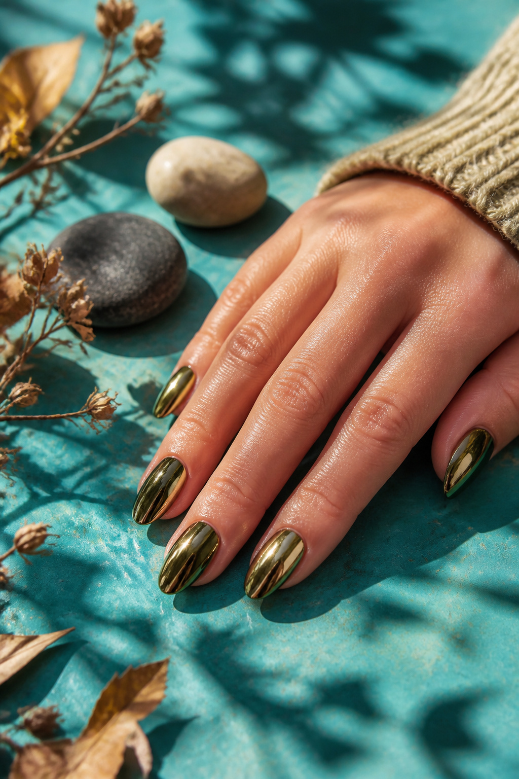 20 Fall Nail Ideas for 2026: Colors, Shapes & Textures 13 Olive chrome nails showcased against a neutral background.