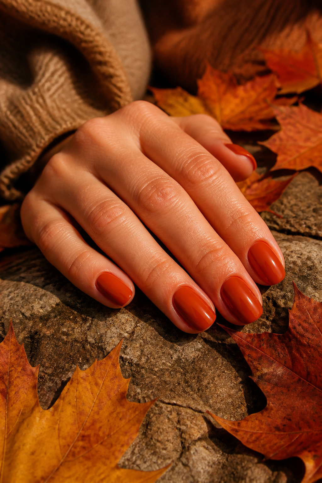 20 Fall Nail Ideas for 2026: Colors, Shapes & Textures 15 Burnt orange crème nails shown in a cozy setting.