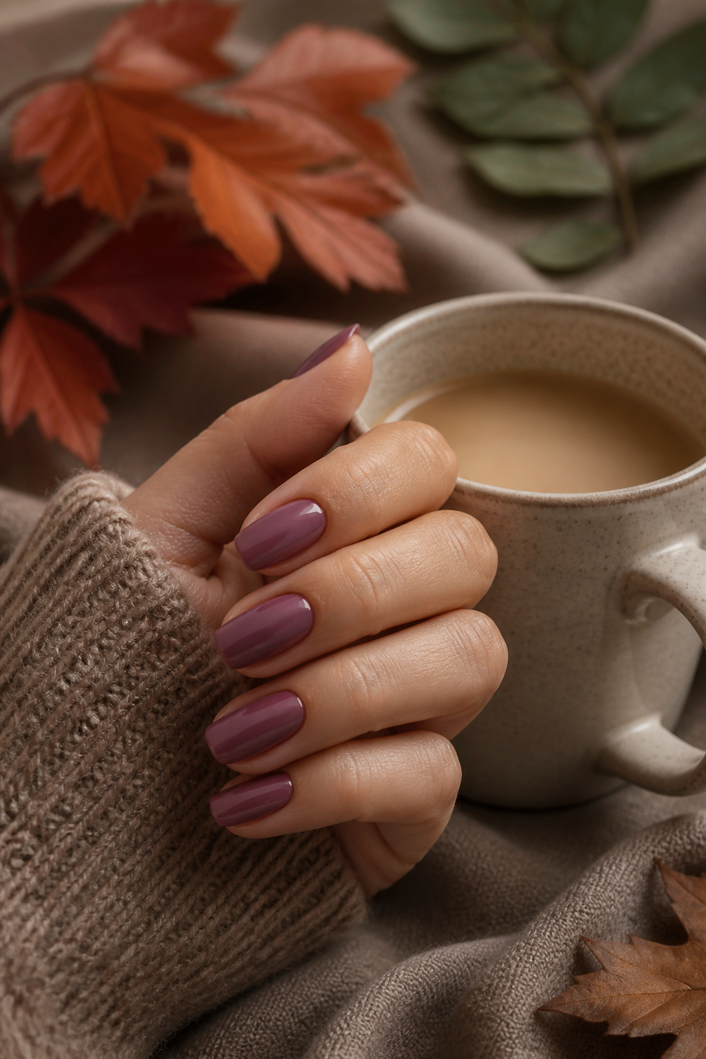 20 Fall Nail Ideas for 2026: Colors, Shapes & Textures 17 Dusty mauve nails displayed on a neutral background.