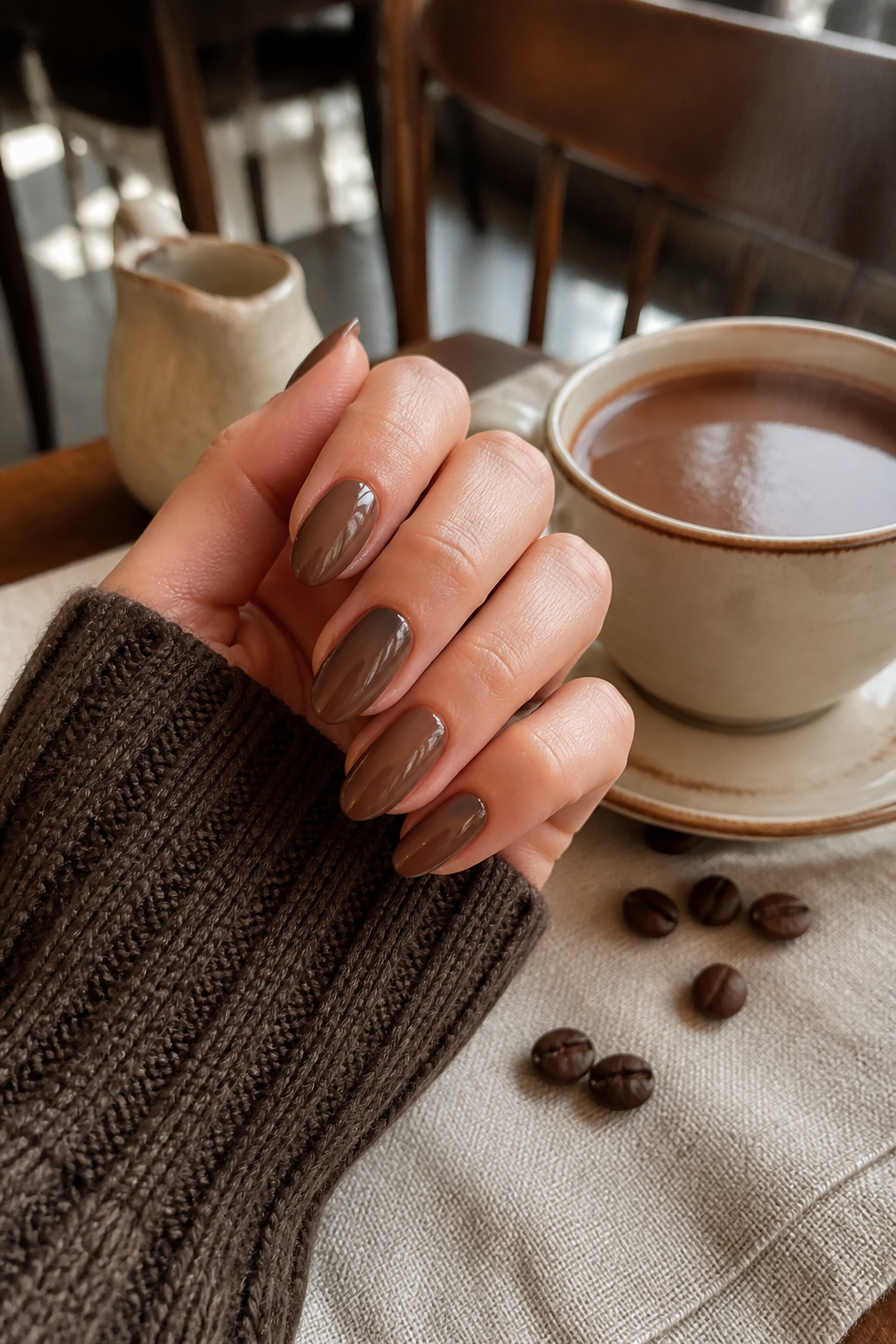 20 Fall Nail Ideas for 2026: Colors, Shapes & Textures 18 Milk chocolate nails shown in a warm setting.