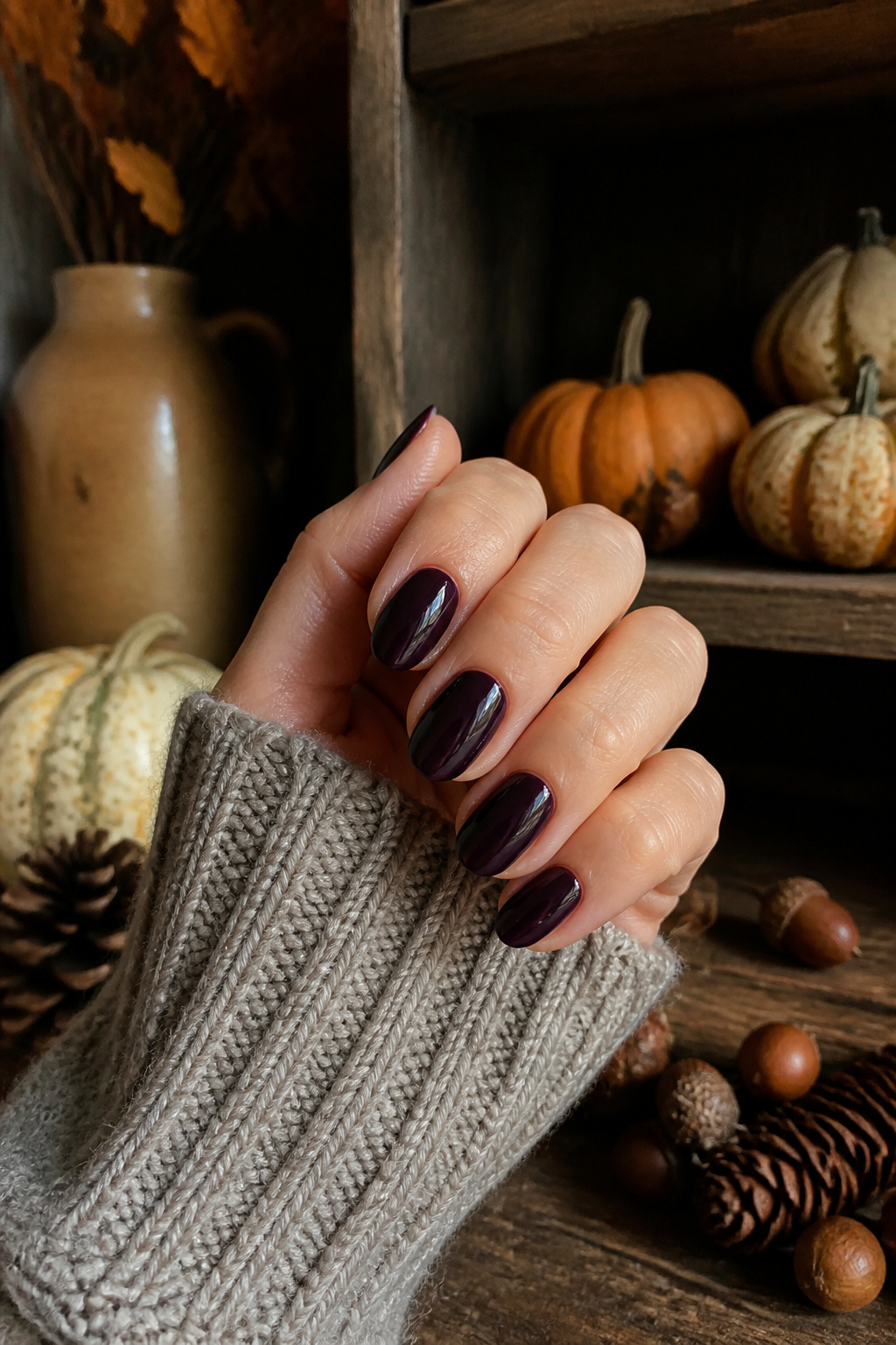 20 Fall Nail Ideas for 2026: Colors, Shapes & Textures 19 Eggplant nails displayed in a soft light.