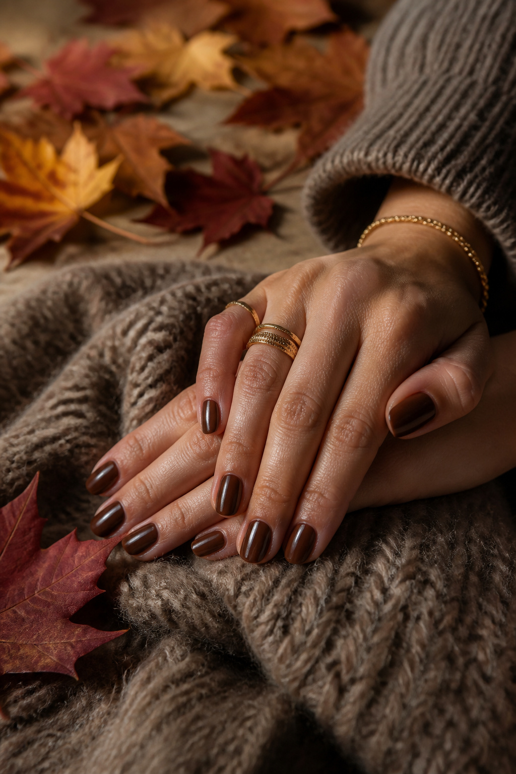 20 Fall Nail Ideas for 2026: Colors, Shapes & Textures 2 Chocolate brown nails displayed against a neutral background.