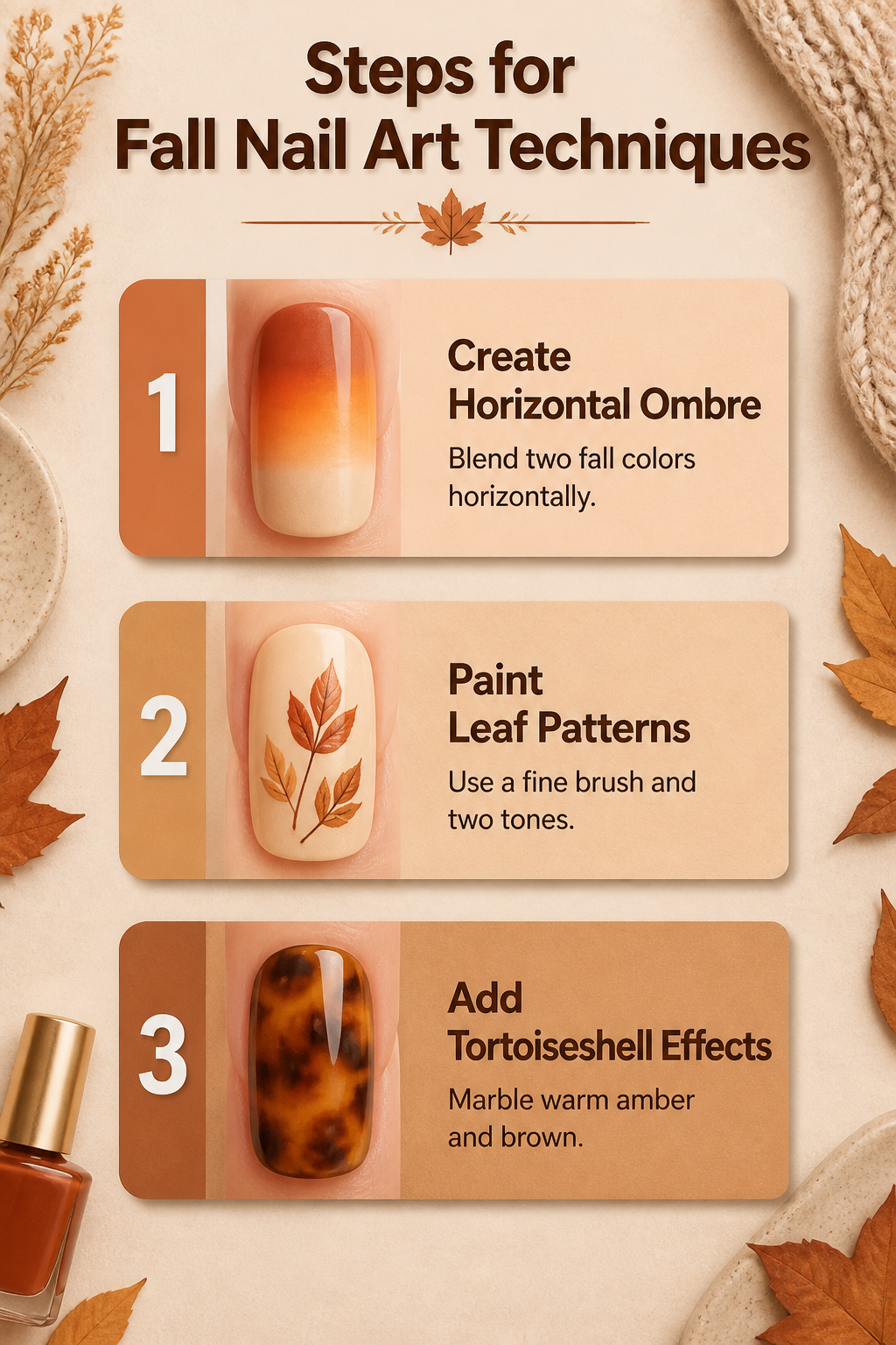 20 Fall Nail Ideas for 2026: Colors, Shapes & Textures 21 Illustration showing steps for fall nail art techniques.
