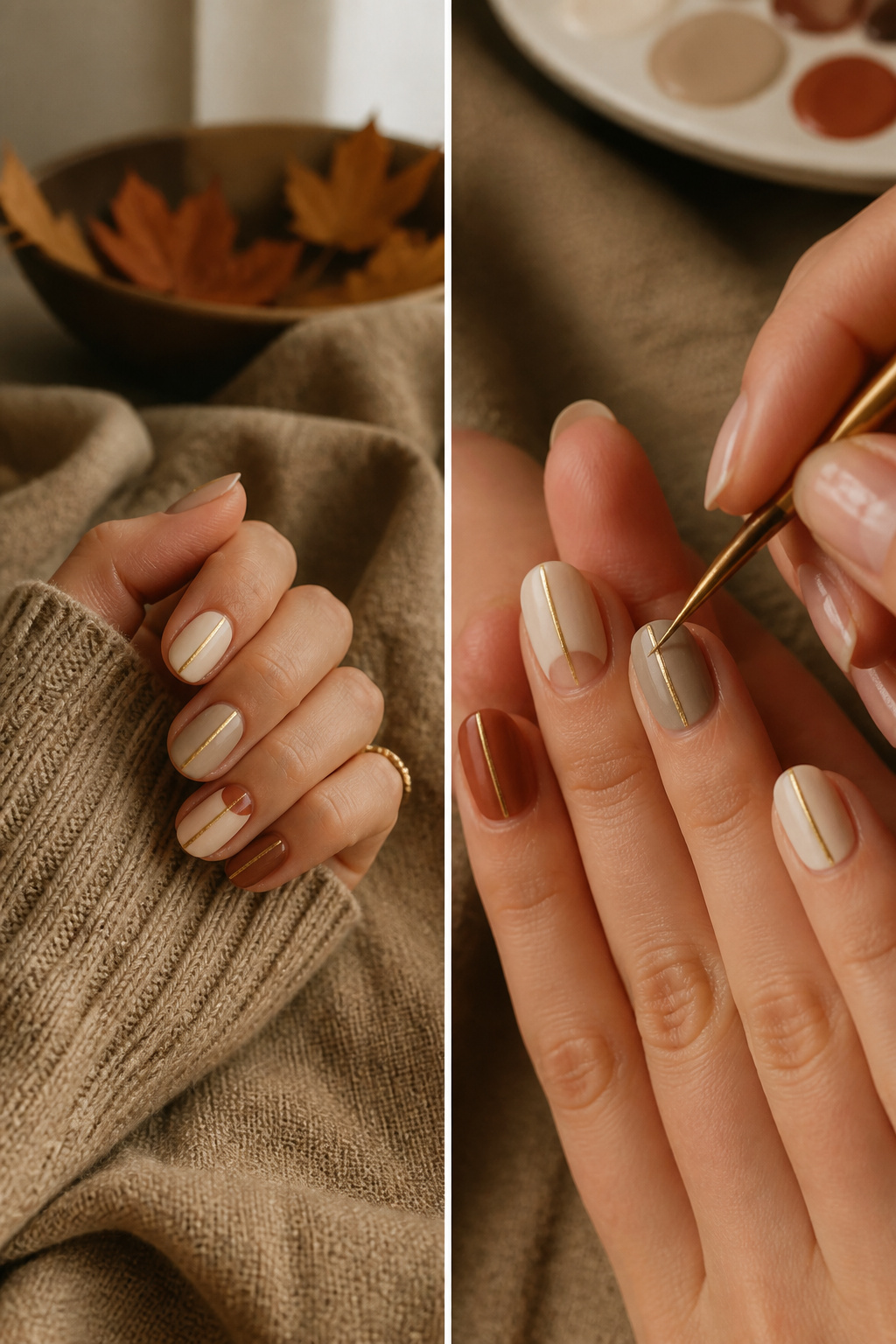 20 Fall Nail Ideas for 2026: Colors, Shapes & Textures 23 Nails with minimalist designs on a simple background.