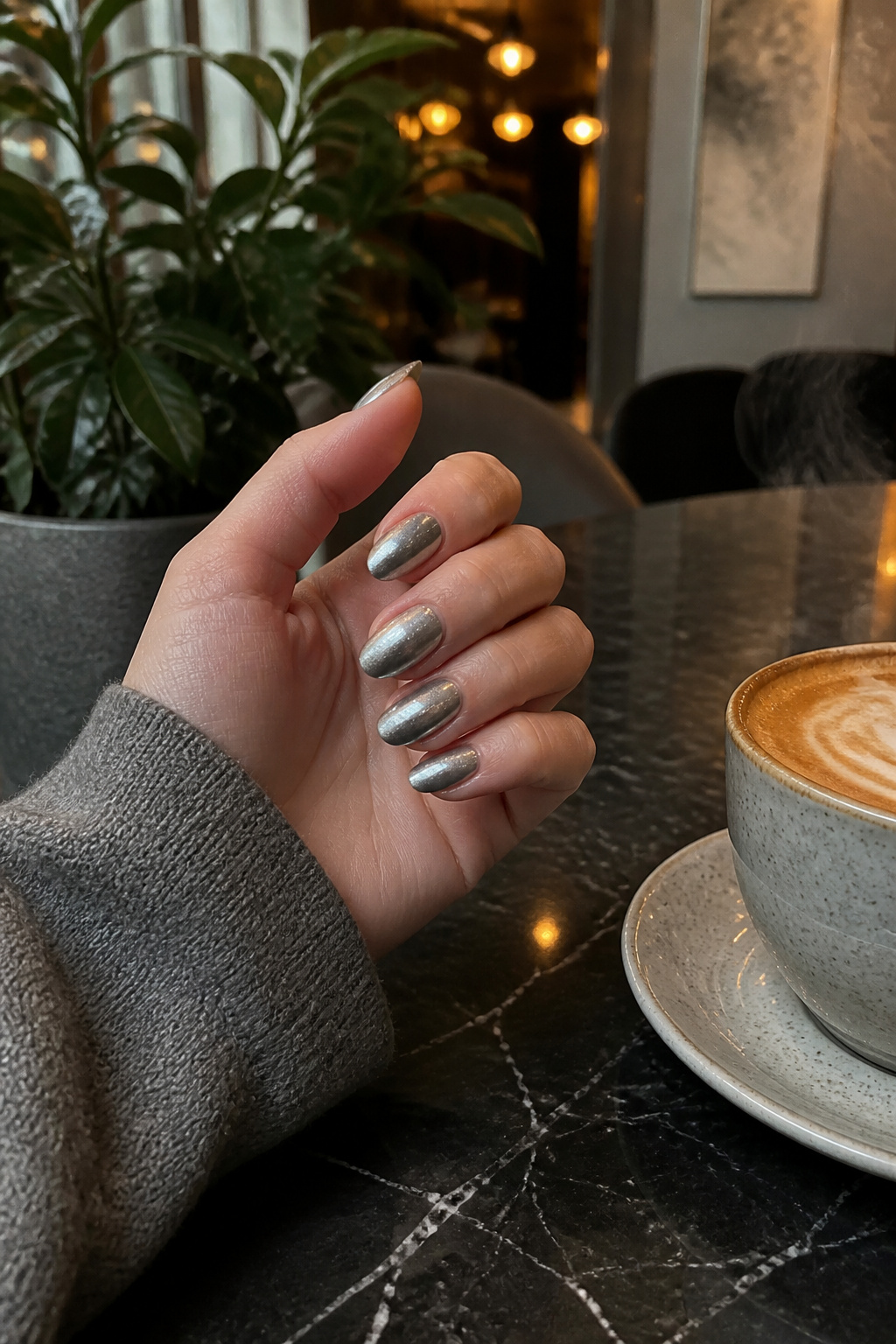 20 Fall Nail Ideas for 2026: Colors, Shapes & Textures 3 Metallic silver nails with a brushed finish on a marble table.