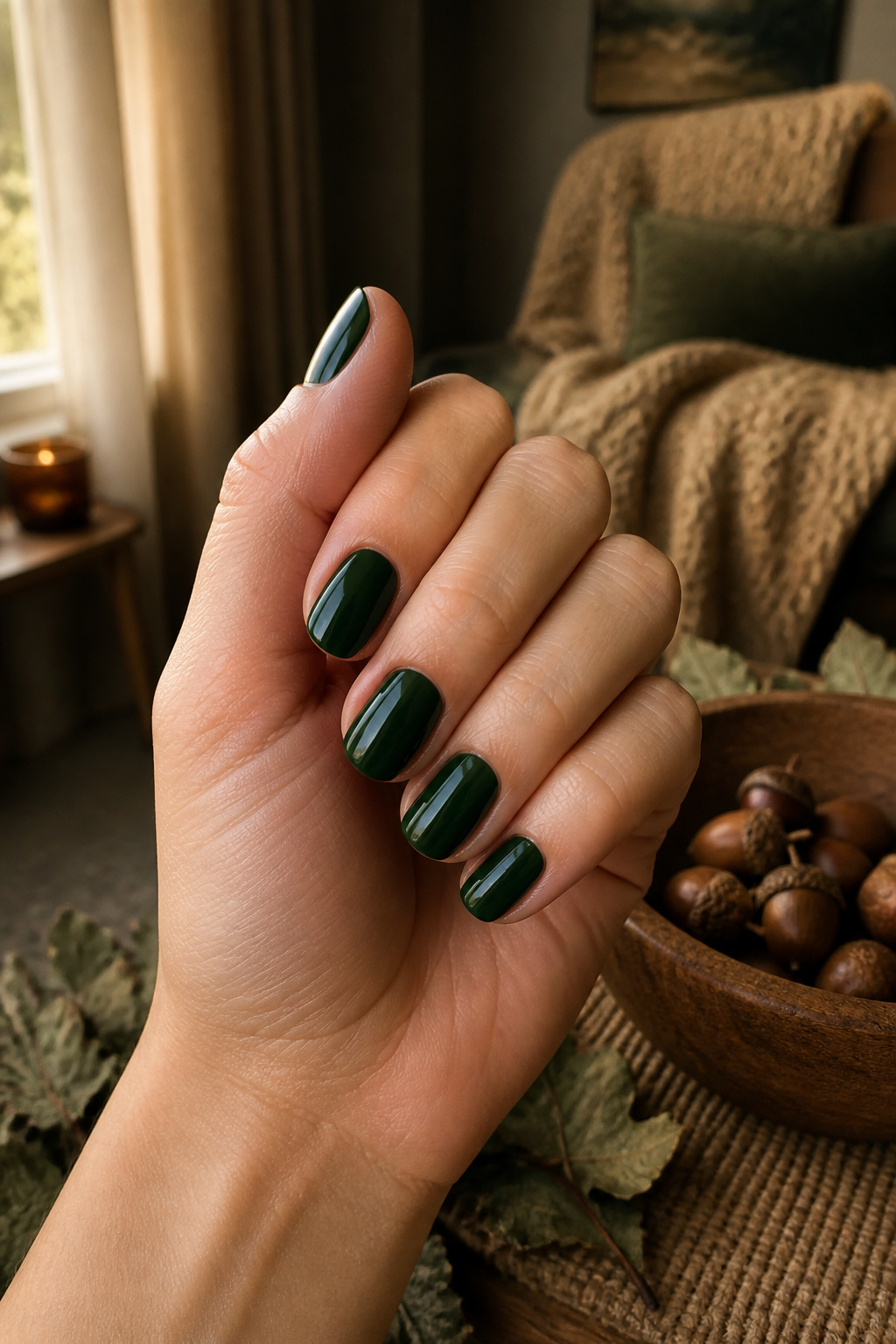 20 Fall Nail Ideas for 2026: Colors, Shapes & Textures 6 Forest green nails displayed in a stylish setting.