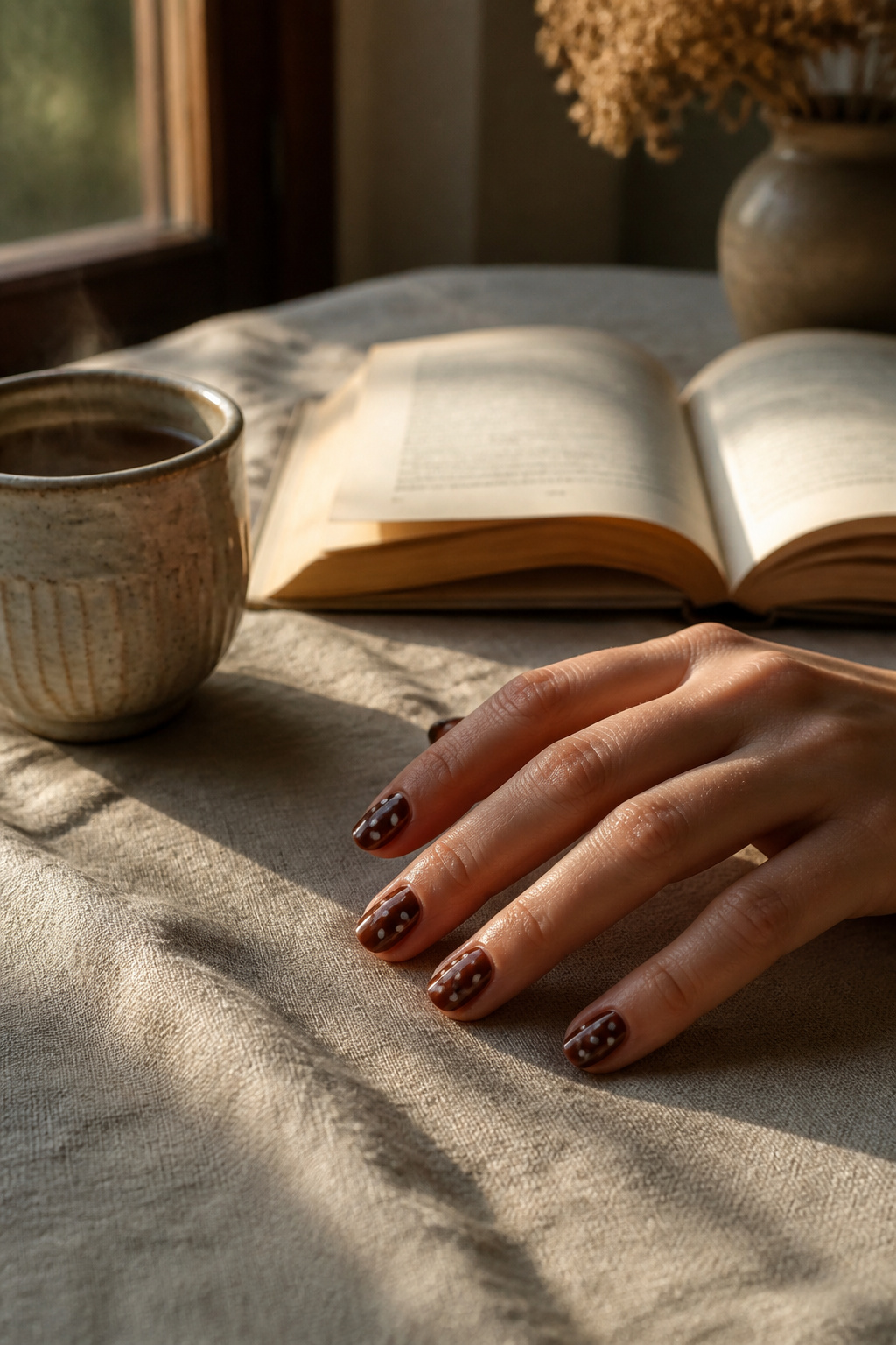 20 Fall Nail Ideas for 2026: Colors, Shapes & Textures 7 Nails decorated with vintage polka dots on a linen tablecloth.