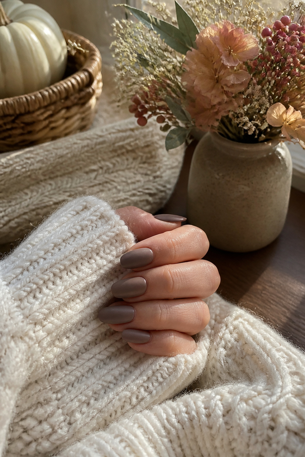 20 Fall Nail Ideas for 2026: Colors, Shapes & Textures 9 Matte taupe nails on a knit sweater.