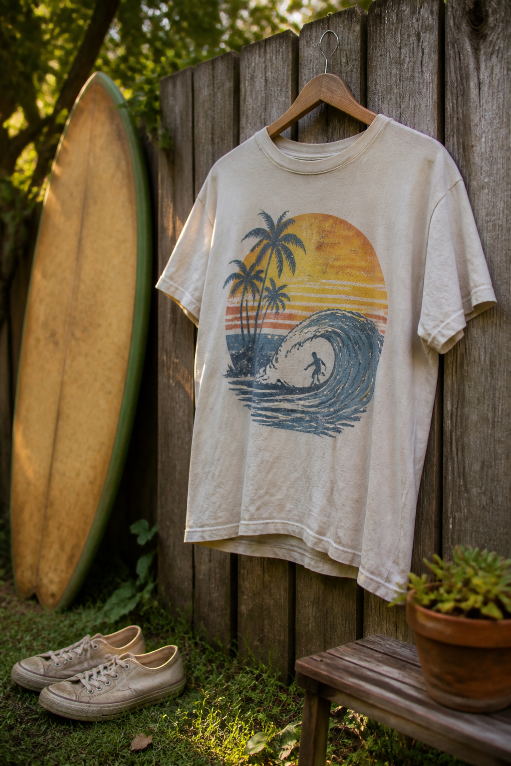 Graphic Tees: 6 Styles Worth Wearing in 2026 1 A vintage graphic tee with a faded surf scene displayed on a wooden fence.