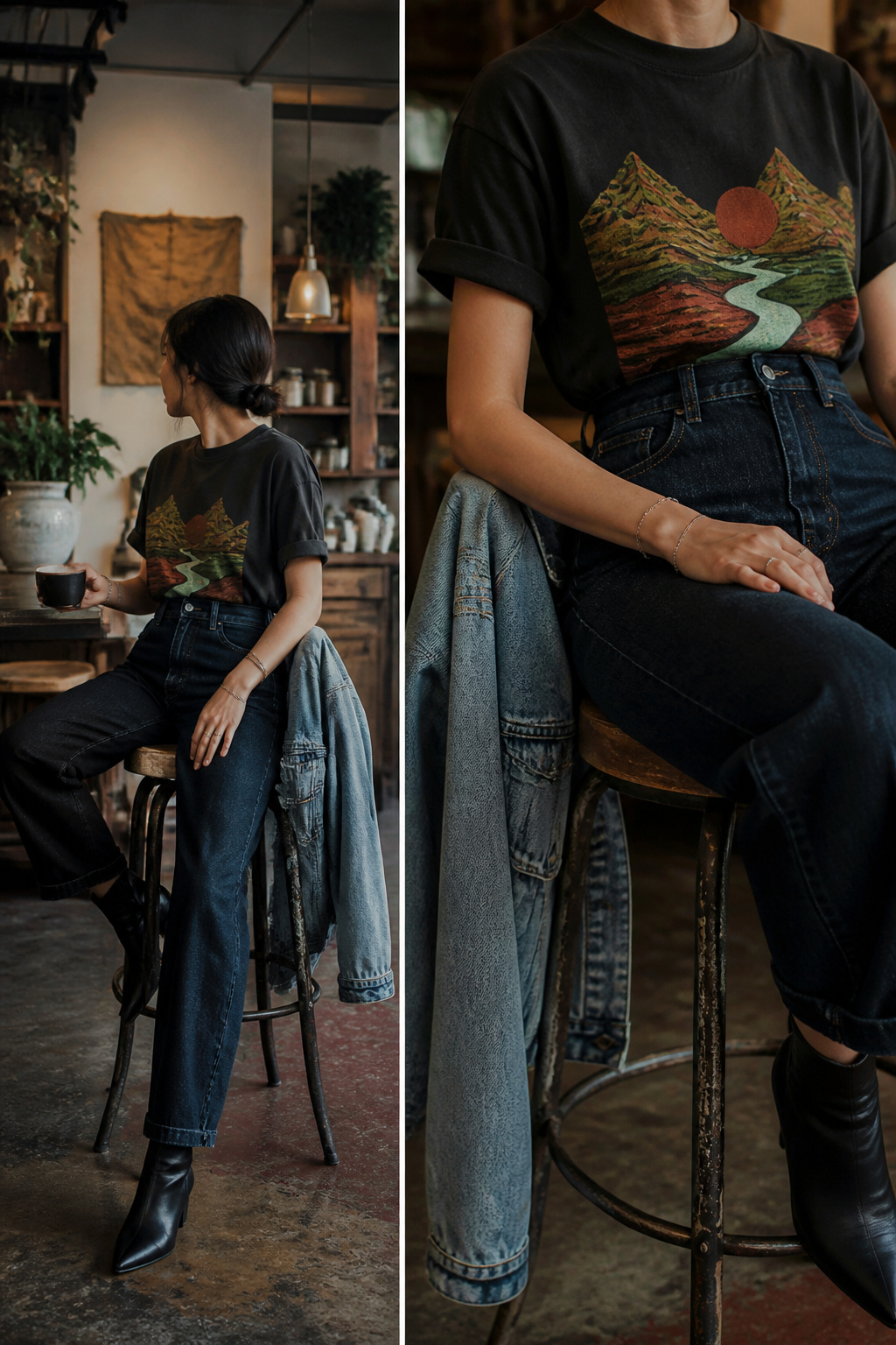 Graphic Tees: 6 Styles Worth Wearing in 2026 7 A graphic tee styled with jeans, showcasing the relationship between cut and print.