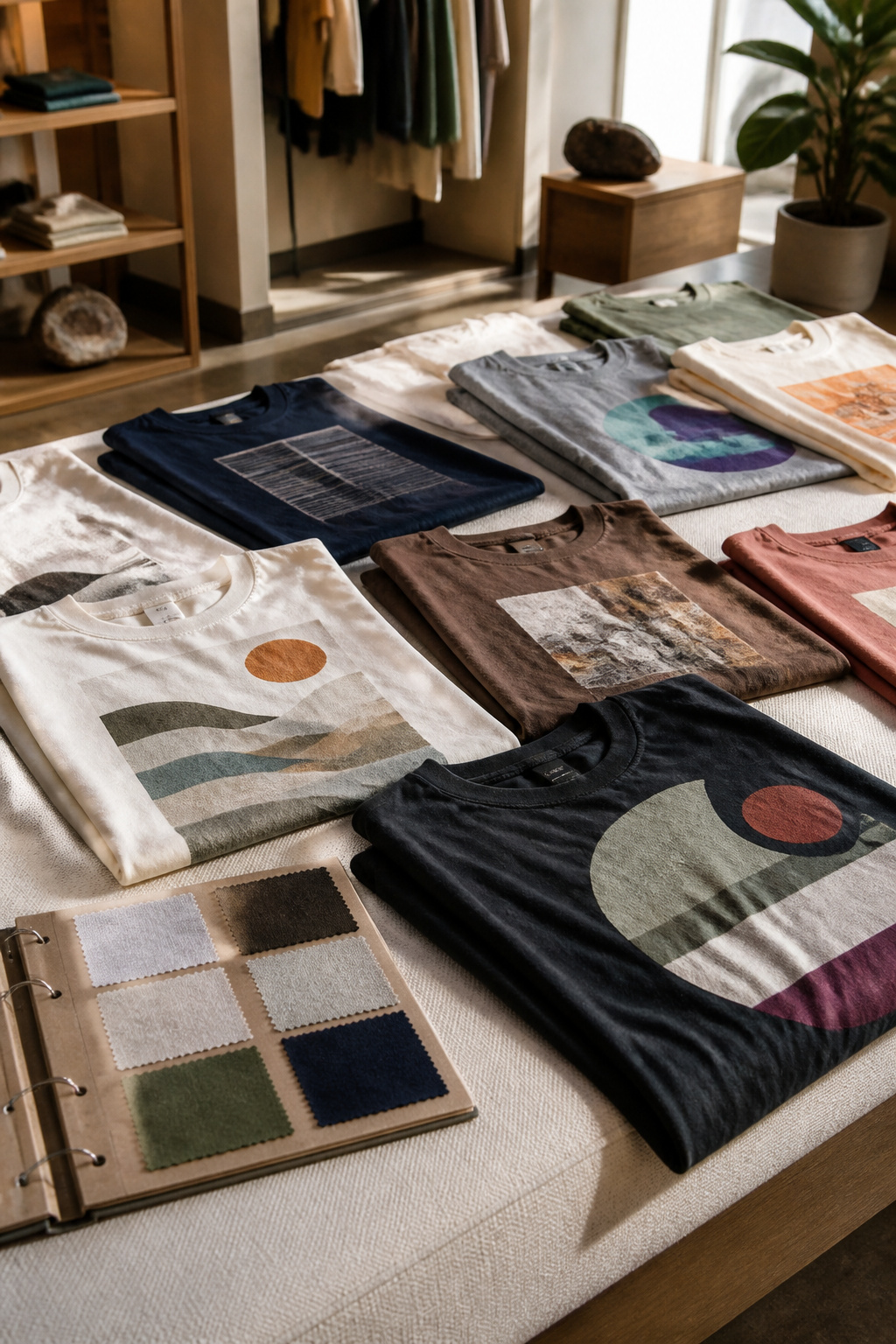 Graphic Tees: 6 Styles Worth Wearing in 2026 8 A collection of graphic tees laid out on a table, showing various fabric types.