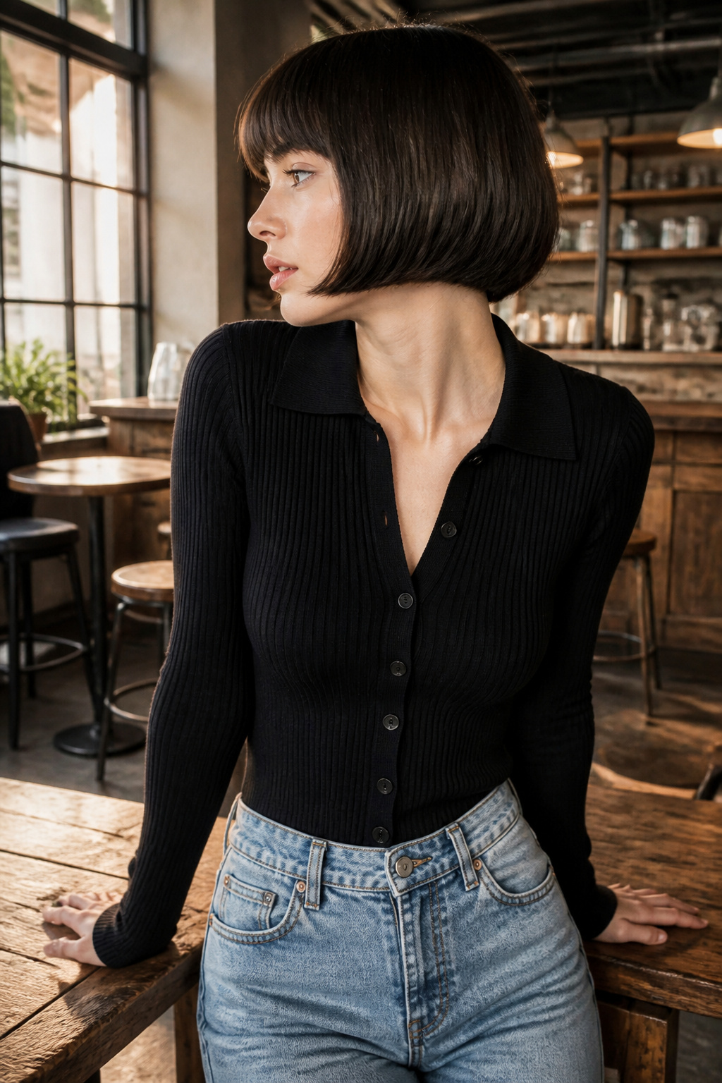 Hair Trends 2026: Cuts, Colors and Styles Shaping the Year 1 Model with a polished French bob haircut and straight bangs.