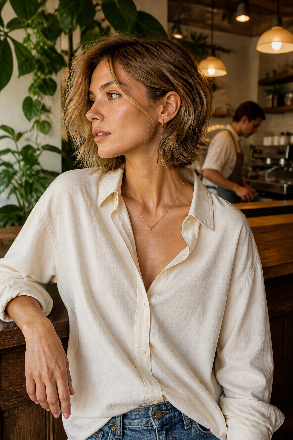 Hair Trends 2026: Cuts, Colors and Styles Shaping the Year 6 Model with a bixie haircut, framing her neckline.