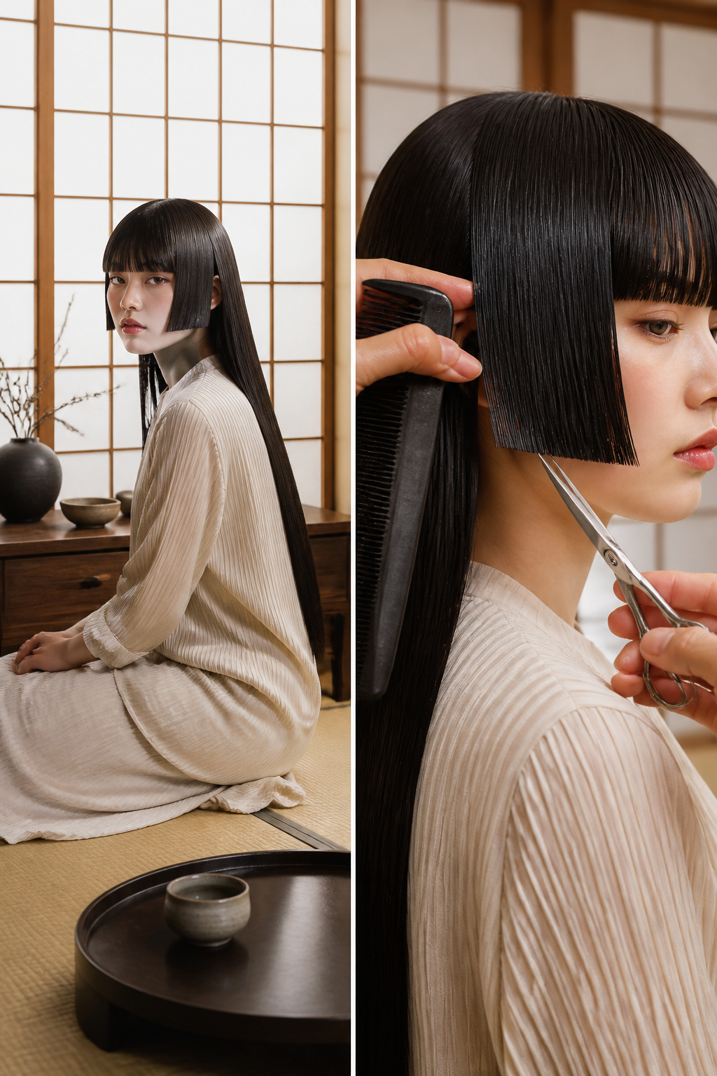 Hair Trends 2026: Cuts, Colors and Styles Shaping the Year 8 Model with a hime cut featuring blunt front panels.