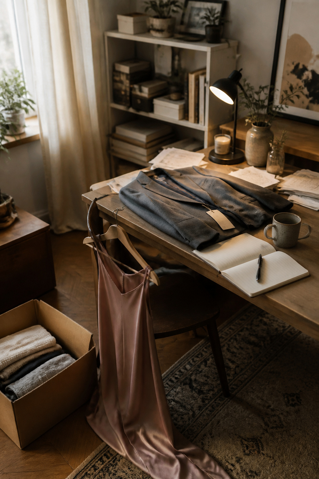 A desk with a blazer and a silk dress, symbolizing emotional connection.