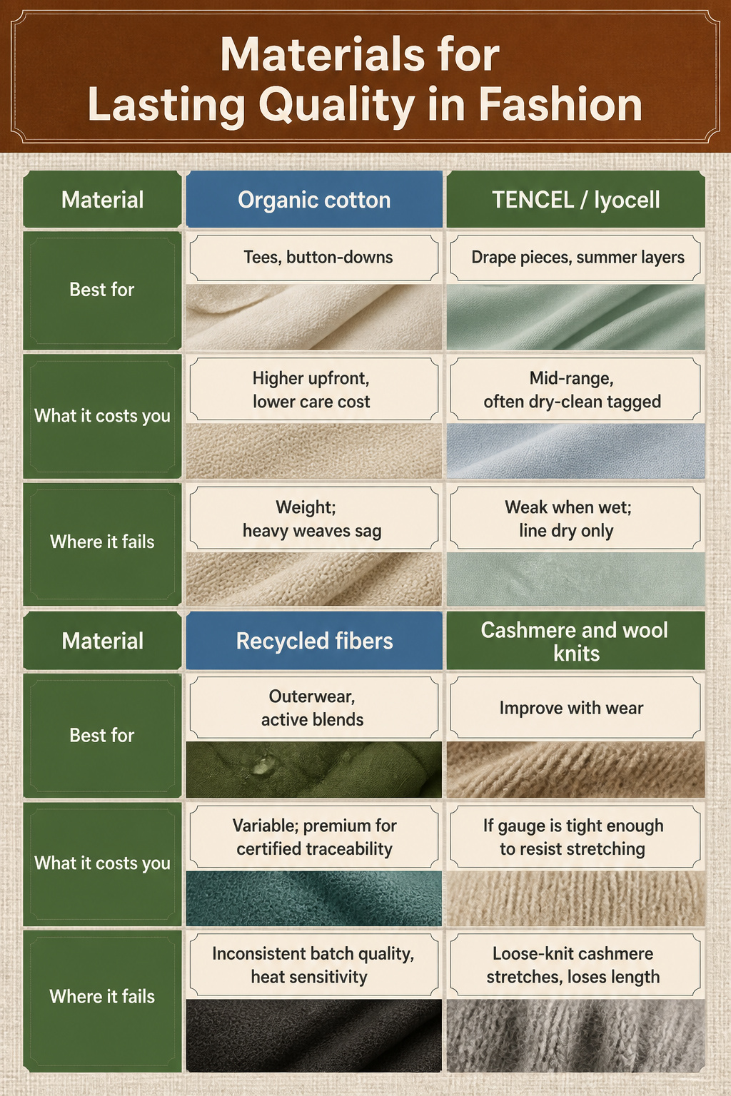 An infographic detailing different materials used in clothing.