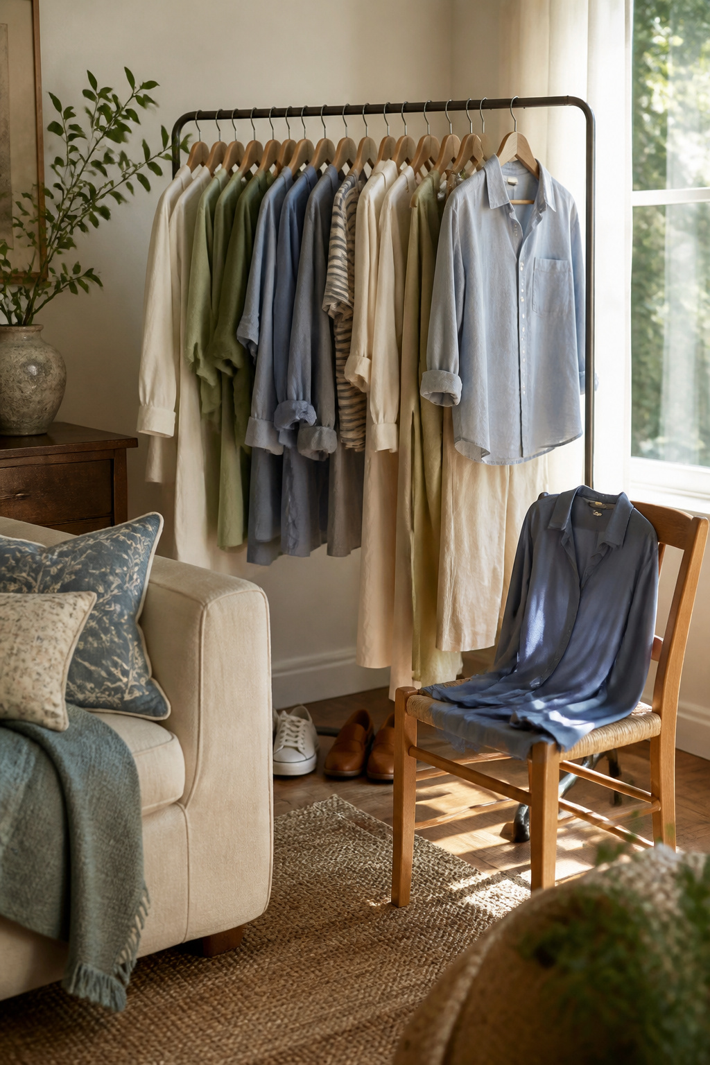 A clothing rack with garments in muted colors and natural fibers.