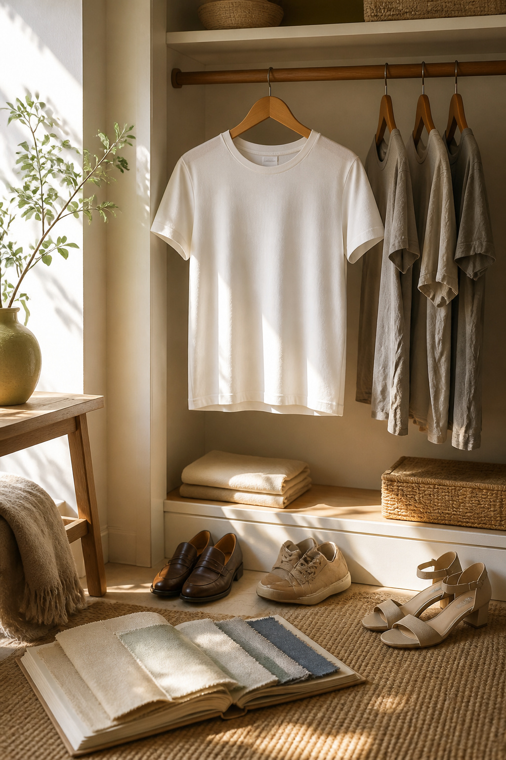 A closet featuring a well-structured hanger with a high-quality tee.