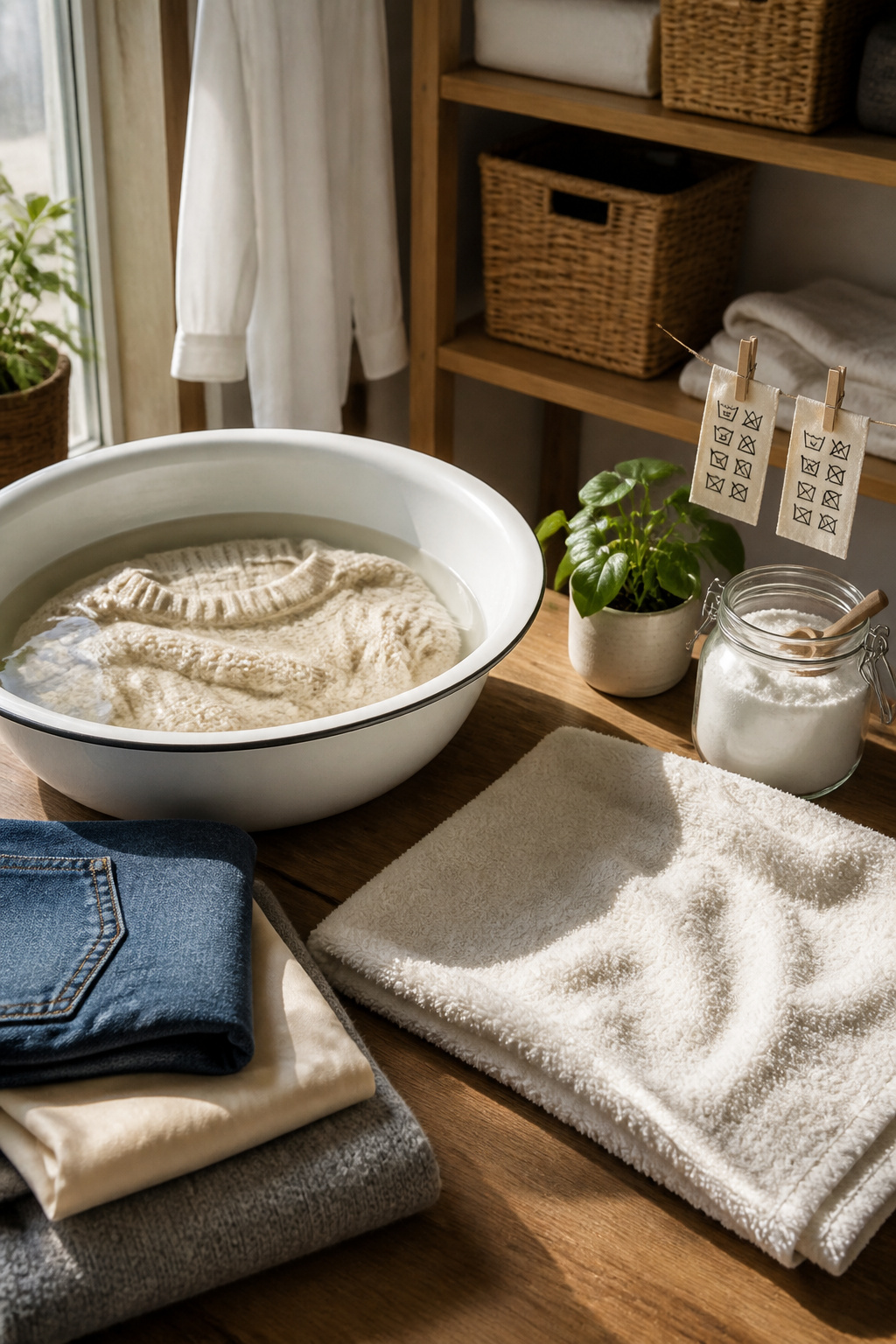 A laundry basin with a wool sweater being hand-washed.