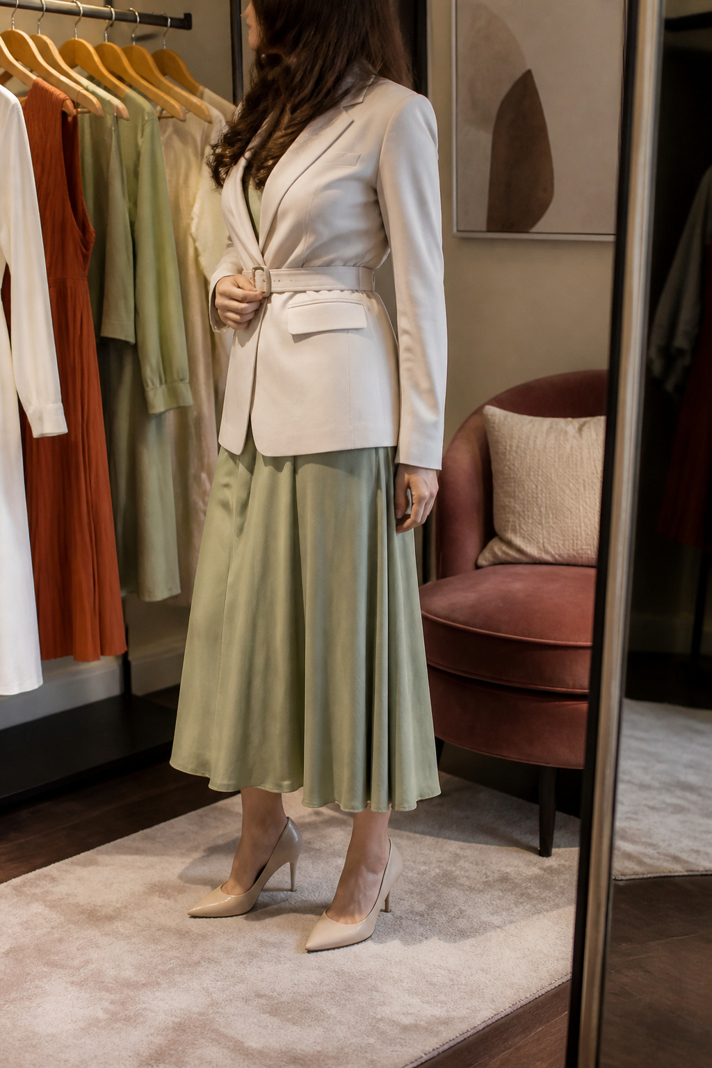 A model in a fitting room wears a belted blazer and dress.