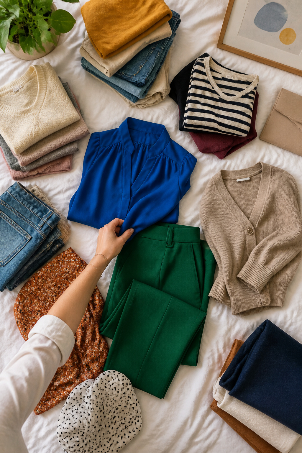 A bed covered with various clothing items sorted by preference.